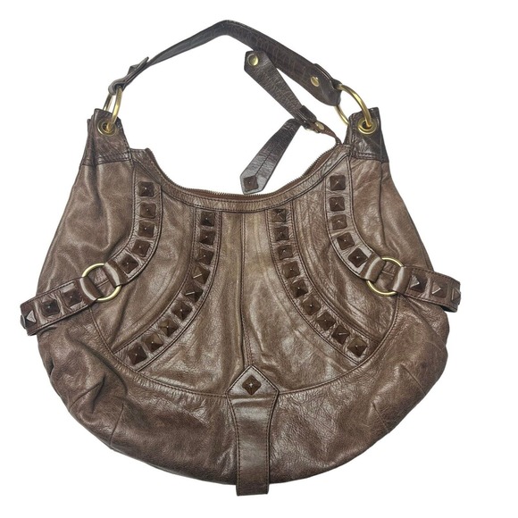 ISABELLA FIORE Women Brown Leather Gold hardware studded Boho shoulder bag Purs - Picture 2 of 8